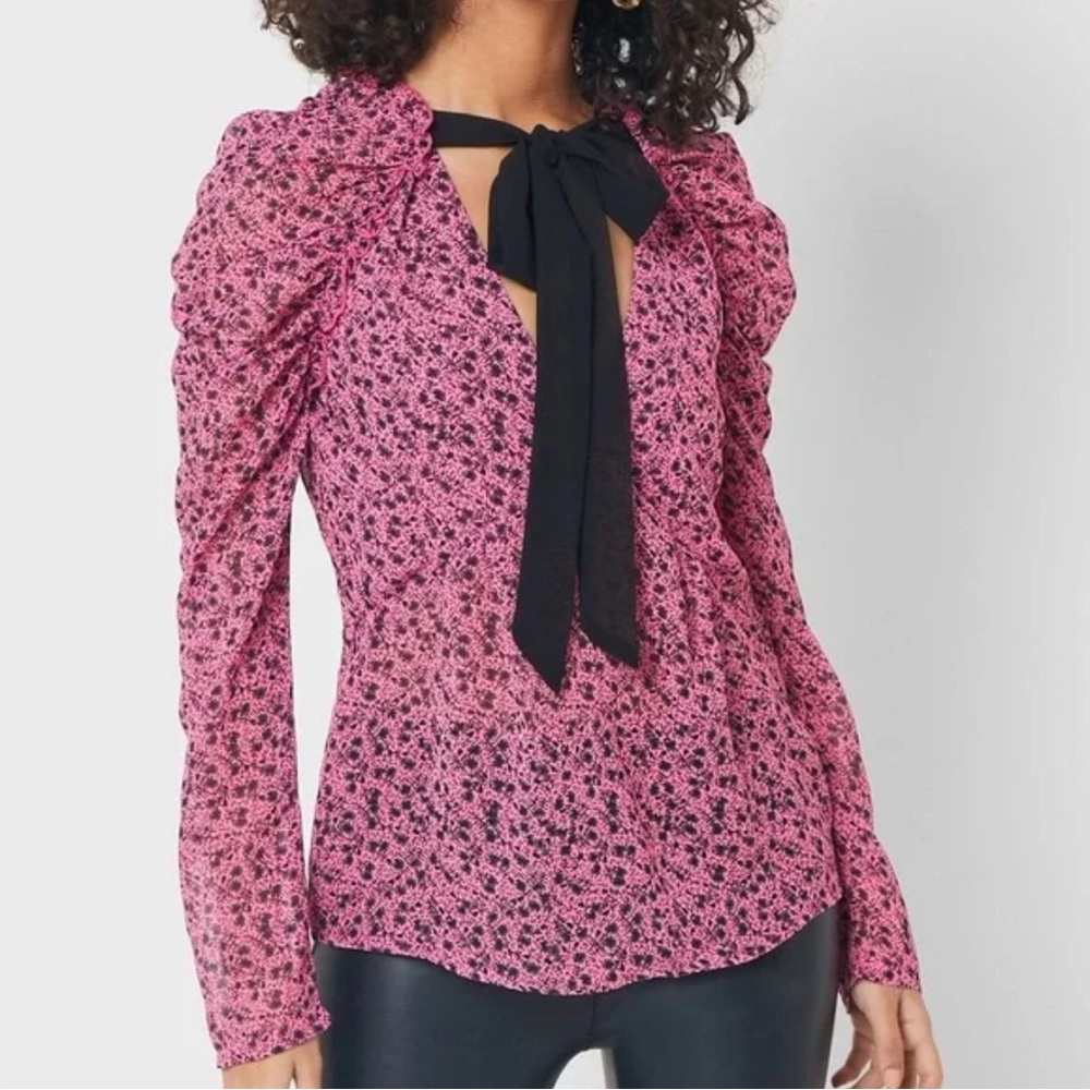 Topshop ChiffonFloral Print Tie Front Puff Shoulder‎ Long Sleeve Blouse Size 4